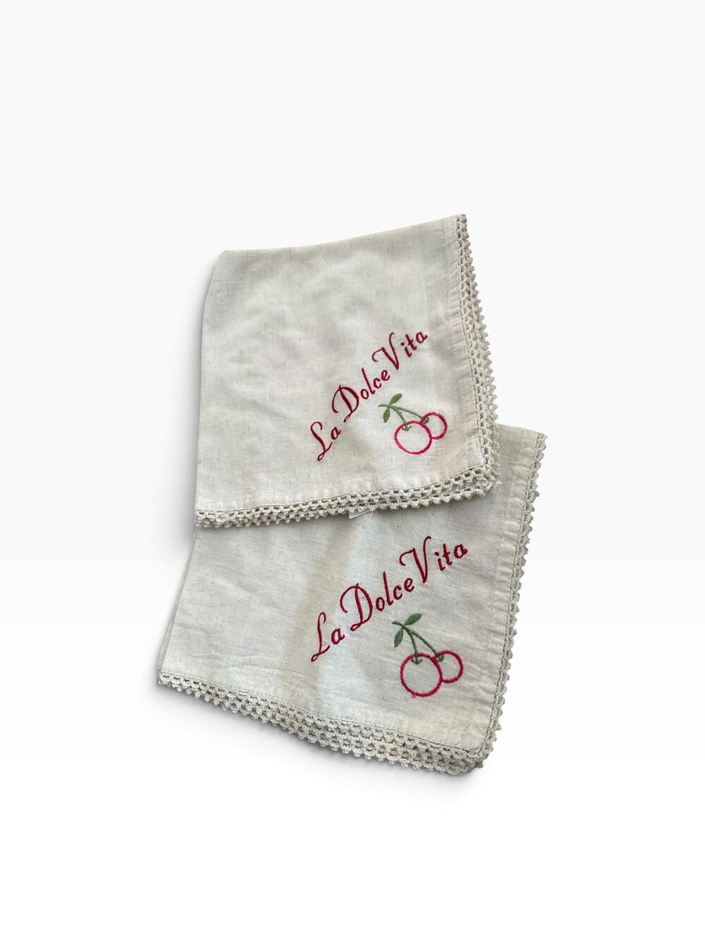 La Dolce Vita Embroidered Cherry Cocktail Napkins Cotton Linen Set of 2